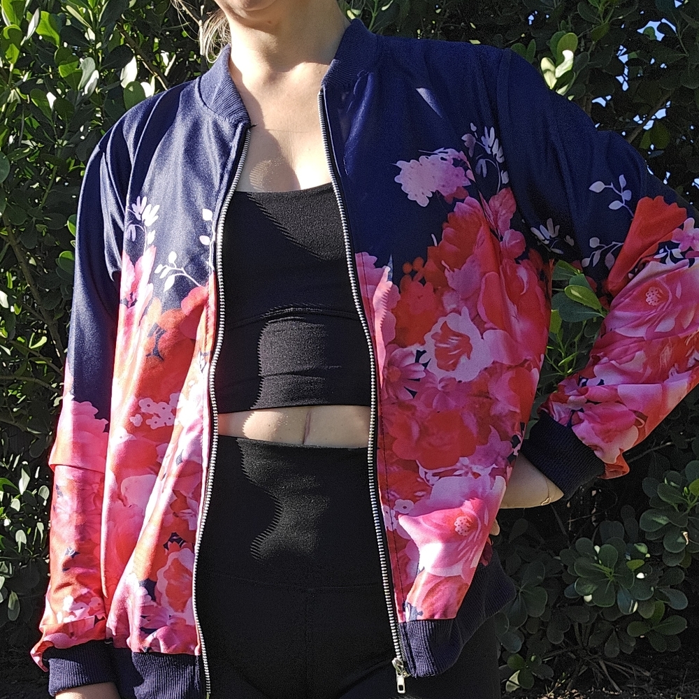 Navy and Pink Floral Bomber Jacket Size L Lightweight Zip Front